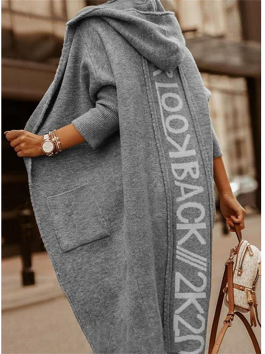 Women's Fall and Winter New Mid-length Cardigan Ordinary Long-sleeved Hooded Letters Knitted European and American Sweater Coat