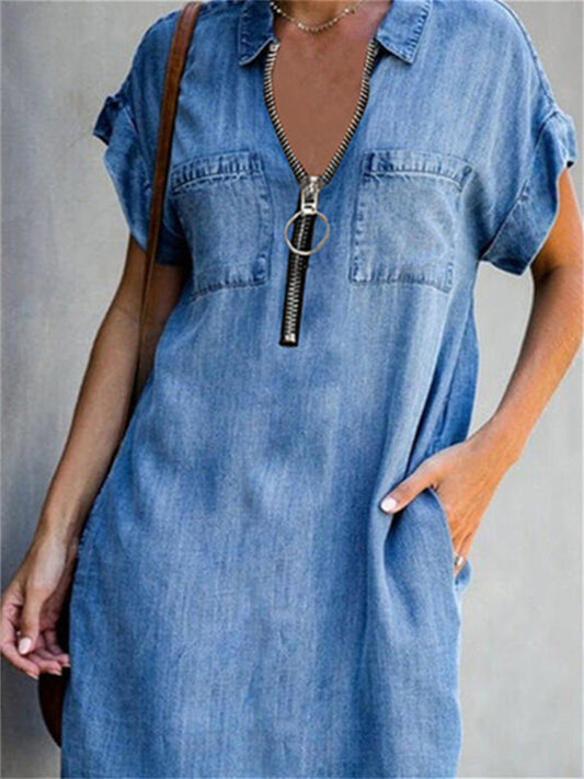 Fashion Zipper Slim Blue Denim Short-sleeved Dress