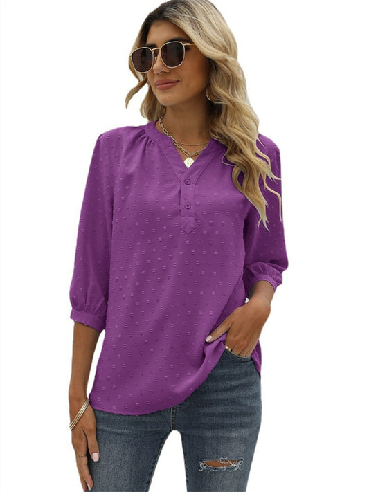 Women's Blouse Jacquard Solid / Plain Color Basic V Neck Summer Light Blue Black White Pink Dark Pink
