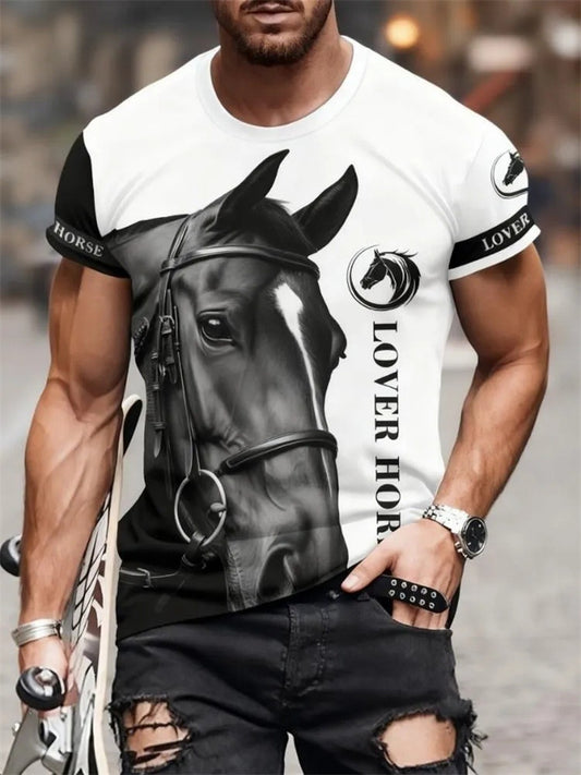 Men's New Fashionable Casual Horse-Print Round-Neck Short-Sleeve T-Shirt