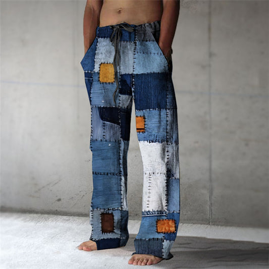 Men's 3D Digital Print American-Style Patch-Decorated Loose-Fit Straight-Leg Casual Drawstring Pants