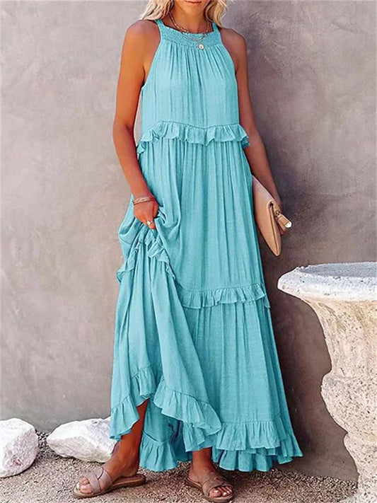 Summer New Holiday Style Ruffled Long Dress Sleeveless Round Neck Swing Elegant Beach Dress Women