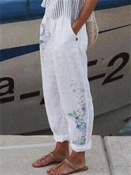 Women's Wide Leg Pants Trousers Cotton And Linen Light Blue White Yellow Casual Casual Daily Wear Baggy Full Length Breathability Flower S M L XL 2XL