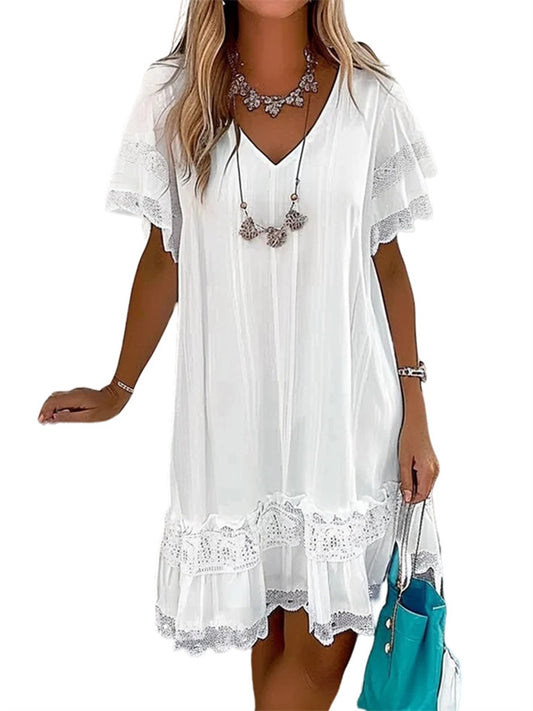 New Women's Summer V-neck Chiffon Lace Splicing White Short-sleeved Dresses