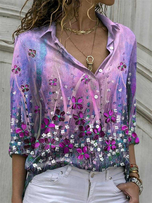 Women's New Spring and Summer Flowers Printed Long-sleeved Lapel Red, Yellow, Purple Shirt