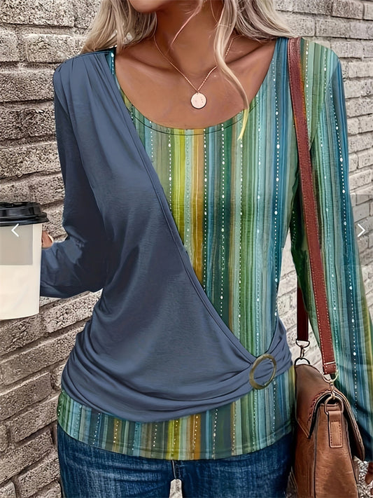 Spring/Fall Women's New Crew Neck Solid Color Printed Casual Long Sleeve Loose T-shirt
