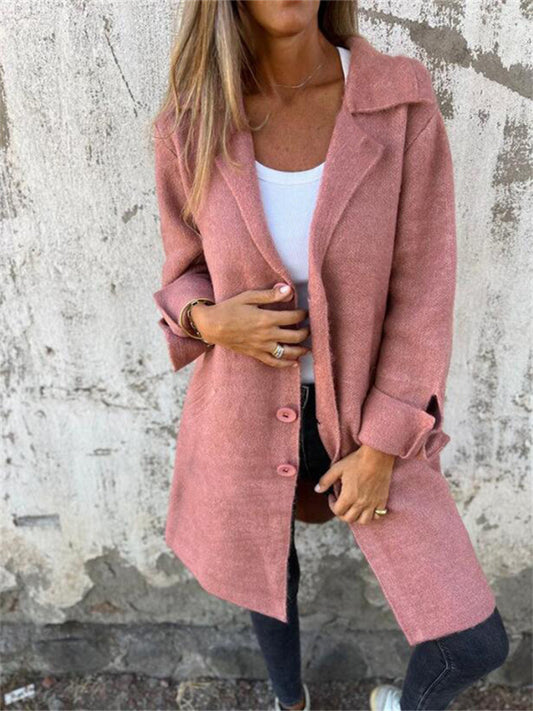 New Women's Fall and Winter Solid Color Lapel Cardigan Long Jacket