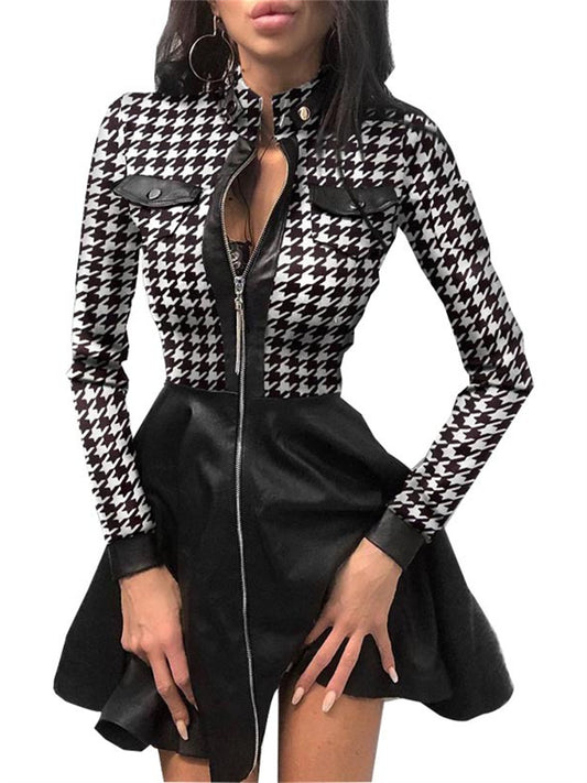 Women's Fall/Winter Long-Sleeve V-Neck Zipper PU Printed Dress