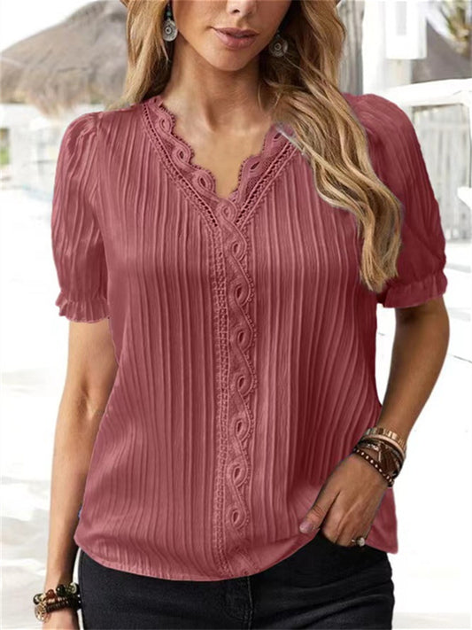 Summer New Temperament Commuter V-neck Loose Type Plain Lace Hollow Princess Sleeve Short-sleeved Urban Commuter Style Shirt