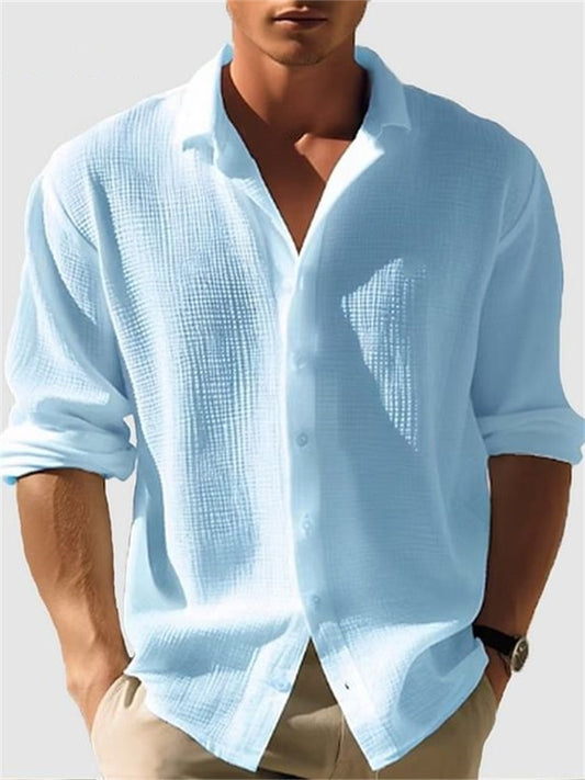 Men's Solid-color Small Waffle Long-sleeved Fall Fashion Casual Shirt