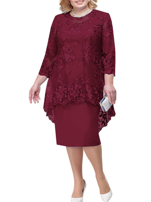Women's Plus Size Curve A Line Dress Floral Round Neck Lace 3/4 Length Sleeve Spring Summer Casual Sexy Mother‘s Day Knee Length Dress Daily Holiday Dress / Skinny / Print