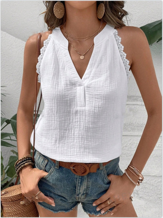 New Summer Women's Sleeveless Lace V-neck T-shirt