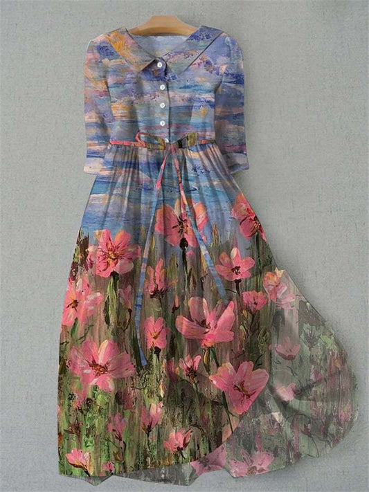 Women's New Shirt Dress Bohemian Resort Style Large Swing Skirt Printed Lace-up Dresses