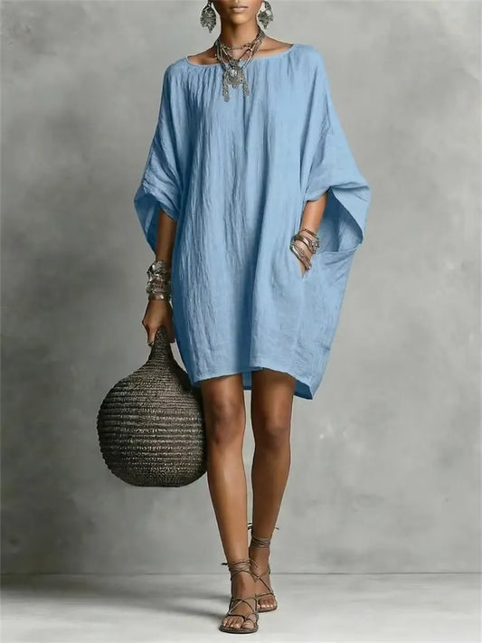 Women's Summer Casual Fashion Cotton-Linen Blend Batwing Sleeve Loose-Fit 3/4-Sleeve Dress