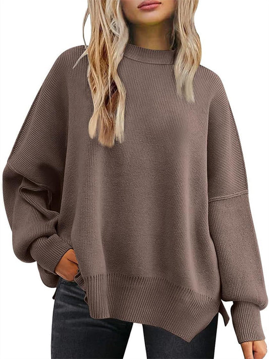 Women's Round Neck Bat Sleeve Long-sleeved Sweater Fall Knit Side Slit Sweater