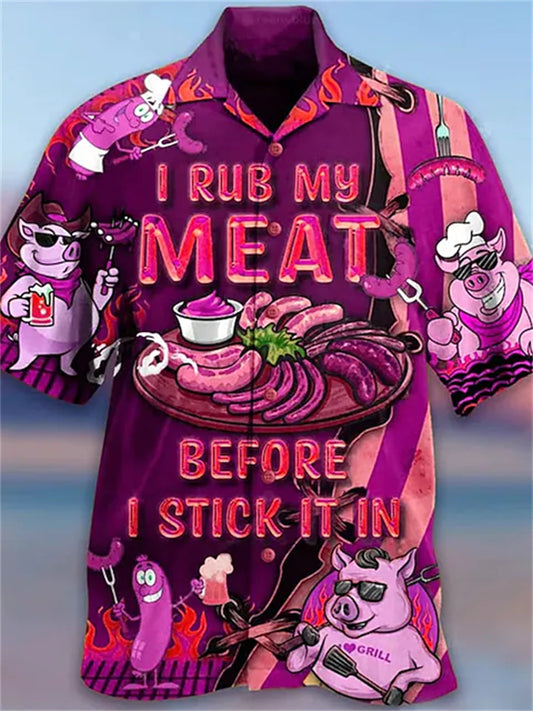 Men's Shirt I Rub My Meat Before I Stick In Short Sleeve Button-Down Tops Turndown Red Outdoor Street Fashion Casual Breathable Comfortable
