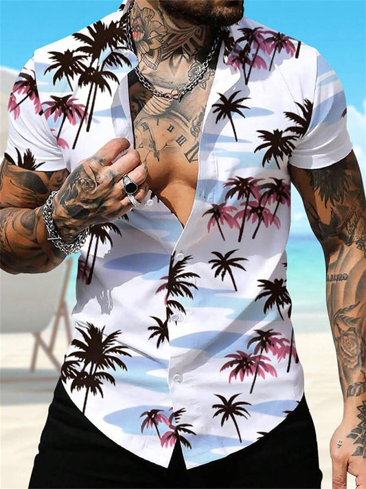 Men's Summer Vintage Hawaiian Vacation Coconut Tree Print Shirt - Summer Casual Shirt