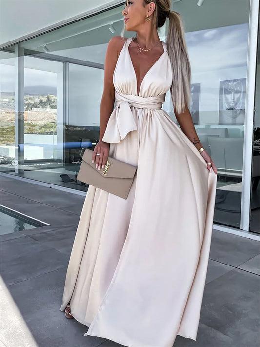 Women's Summer New Sexy V-neck Tie Dress Loose Casual Split Dresses
