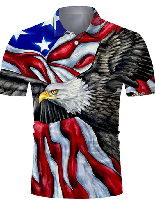 Lapel Button Polo Shirt Flag Eagle Print Short Sleeve Blue Yellow Gray S M L XL 2XL 3XL 4XL 5XL 6XL