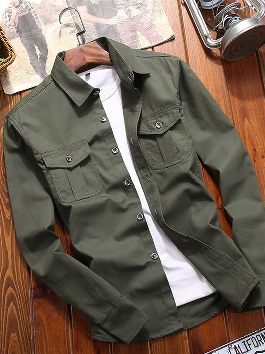 Men's Shirt Work Shirt Button Up Shirt Summer Shirt Cargo Shirt Army Green Blue Khaki Long Sleeve Plain Turndown Casual Daily Clothing Apparel Cotton Simple