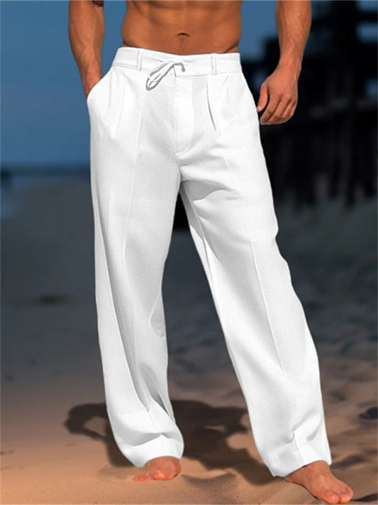 Men's Linen Long Pants Summer Beach Pants Solid Color Casual Vacation Pants