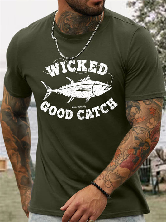 Men's Funny Fishing Graphic Printed Cotton Letters Short Sleeve T-shirt