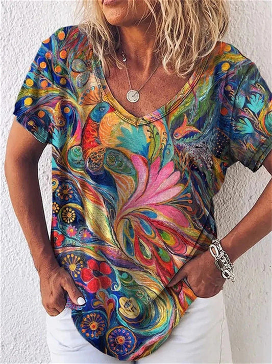 Summer Explosion Loose-fitting Type Flower Mang Print Comfortable Casual Short-sleeved V-neck Casual Wind T-shirt Women