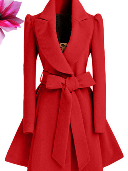 Women's Solid Color Tweed Jacket Suit Collar Drawstring Waist Slim Tweed Coat Tweed OL Commuter Wind Trench Coat
