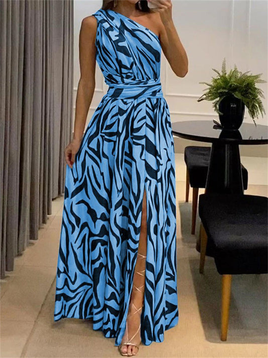 Summer Women's Sexy Leaky Back One Shoulder Sleeveless Printed High Waist Irregular Long Dresses