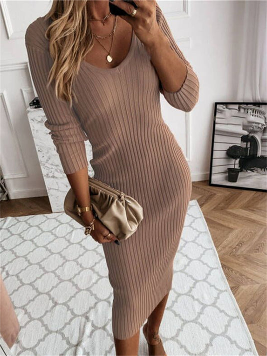 Women's Sweater Dress Winter Dress Sheath Dress Midi Dress Blue Khaki Red White Black Long Sleeve Pure Color Patchwork Winter Fall V Neck Casual 2022 S M L XL XXL 3XL 4XL 5XL