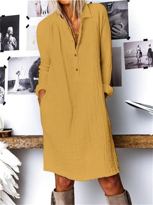 Women's Casual Dress Shirt Dress Shift Dress Midi Dress Yellow Navy Blue White Long Sleeve Pure Color Button Winter Fall Spring Shirt Collar Basic Winter Dress Daily Vacation 2022 S M L XL XXL 3XL