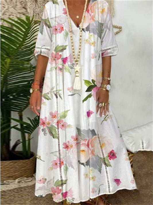 Spring and Summer New V-neck Mid-sleeve Urban Casual Women's Long Dress Printed Elegant Commuter Style Dress S,M,L,XL,XXL