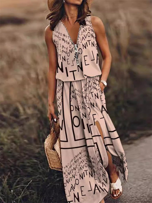 Summer New Sleeveless Long Dress Casual Women's Waist Zipper Letters V Neck Printed Dresses