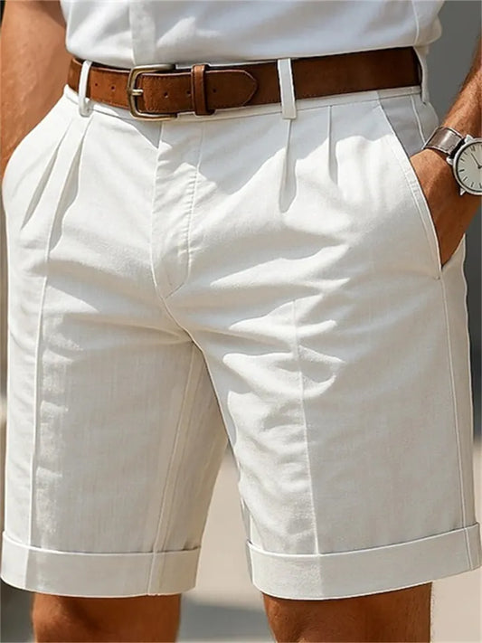 Men's Summer Cotton-Linen Business Casual Shorts Solid Color 5/8-Length