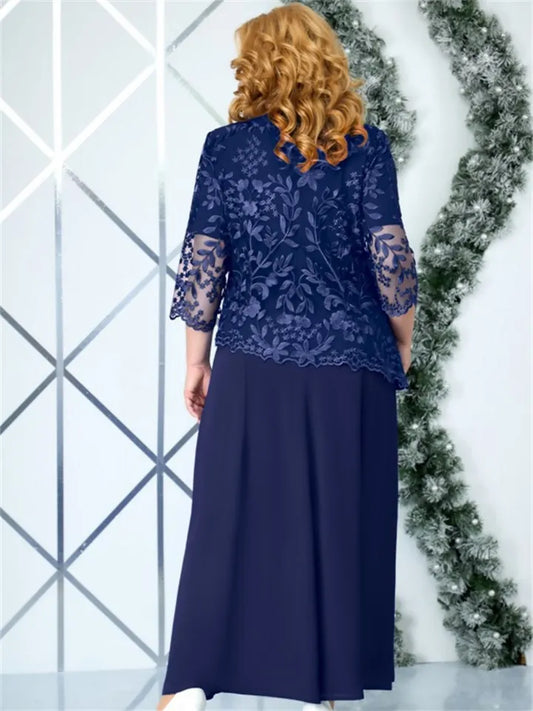 Women's Plus Size Party Dress Print Crew Neck Mesh Half Sleeve Fall Spring Elegant Midi Dress Formal Party Dress