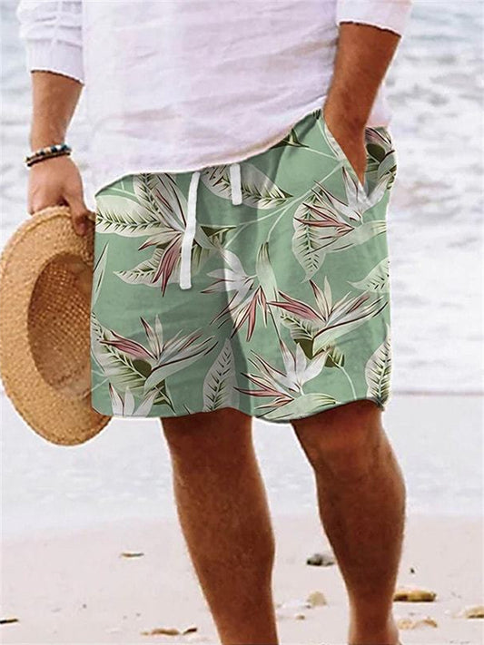 3D Printed Shorts Drawstring Shorts Leaf Botanical White Green Casual