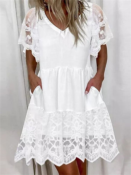 Women's Summer New V-neck Lace Lace Short-sleeved White Dresses