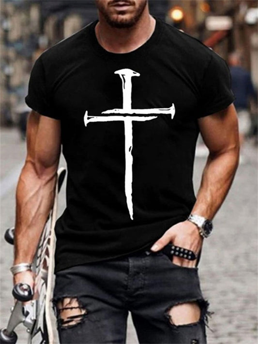 Men's Slim Cross 3D Print Round Neck Casual Sports T-shirt
