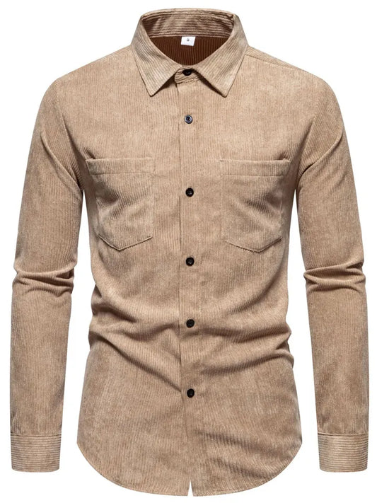 New Solid Color Shirt Men's Long Sleeved Corduroy Vintage Shirt