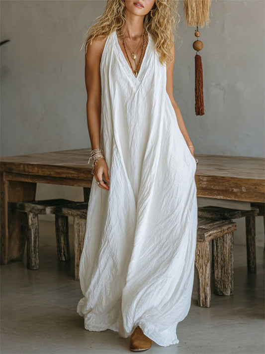 New Arrival Women's Casual Sleeveless Loose-Fit Cotton-Linen Maxi V-Neck Dress