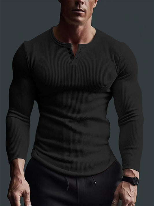 Men's Long Sleeve Tops Fitness High Stretch Bottom Shirt Men's Staple Button V-Neck Solid Color Large Size Casual T-Shirt