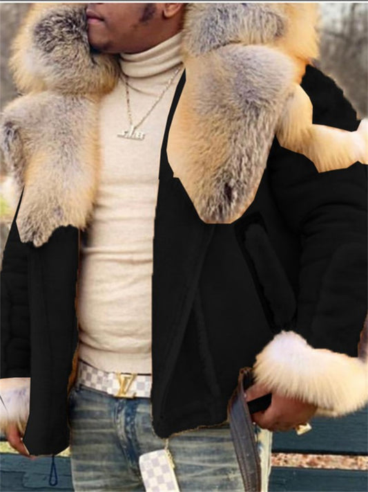 Men's Winter Jacket Winter Coat Fur Coat Soft Outdoor Casual / Daily Daily Wear Vacation Going out Zipper Lapel Warm Ups Comfort Jacket Outerwear Pure Color Fur Trim Pocket Black Khaki Gray