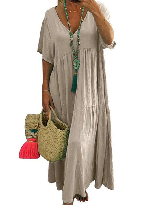 Summer Women's New V-neck Irregular Long Swing Solid Color Dresses