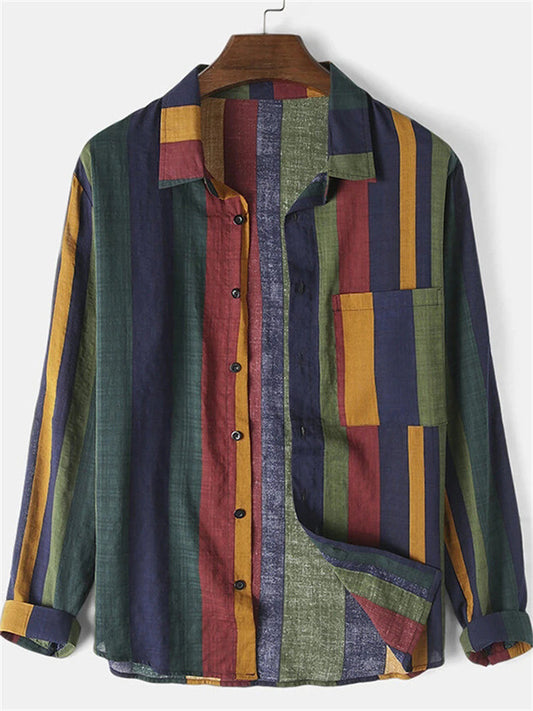Fall/Winter New Arrival: Fashionable Men's Casual Multi-Color Striped Long-Sleeve Collared Shirt