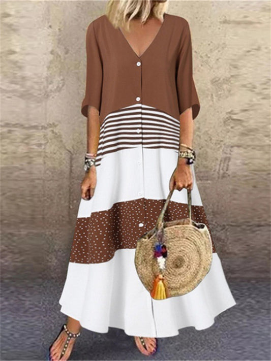 New Summer V-neck Short-sleeved Printed Long Dress Casual Skirt