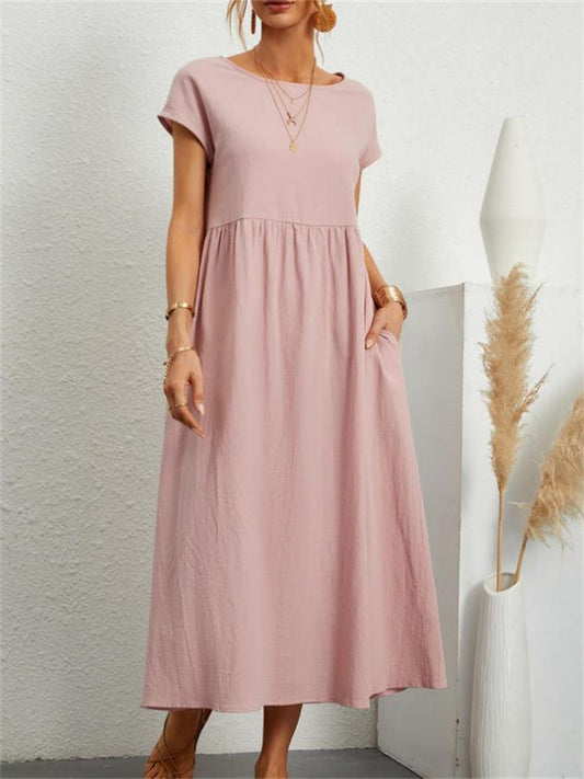 Women's New Solid Color Sleeveless Loose Dress Cotton Linen Round Neck Dresses