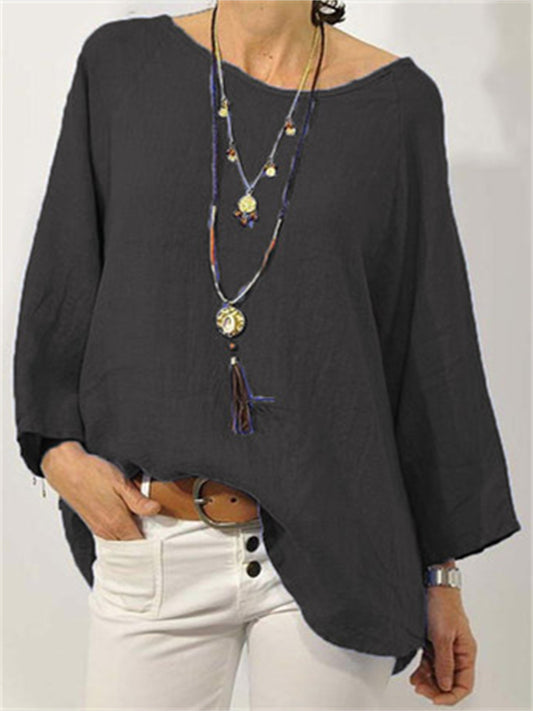 Women's Tops Solid Colour Cotton Linen Round Neck Shoulder Sleeve Nine-minute Sleeve Women's Shirt