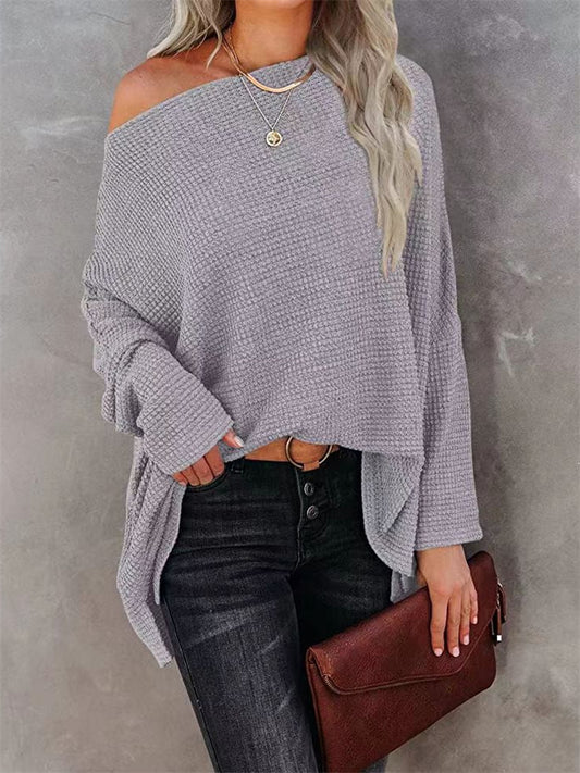Autumn-Chic Polyester Slanted-Neck Loose-Fit Women's Knit Sweater - Fashionable and Versatile