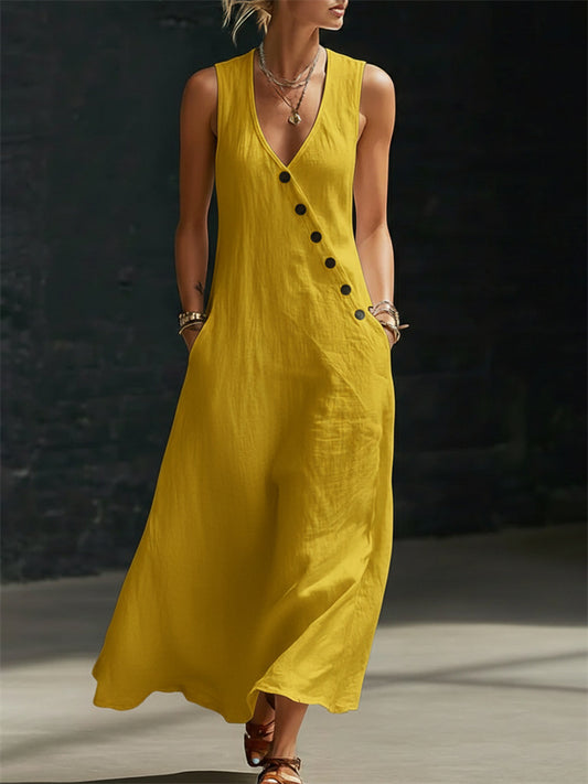 Women's Summer V-neck Button-down Cotton-Linen Long Dress, Sleeveless Off-the-Shoulder Maxi Dress