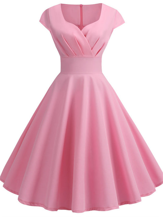 Women's Plus Size Party Dress Swing Dress A Line Dress Solid Color Midi Dress Short Sleeve Ruched Square Neck Basic Party Black Yellow Spring Summer L XL XXL